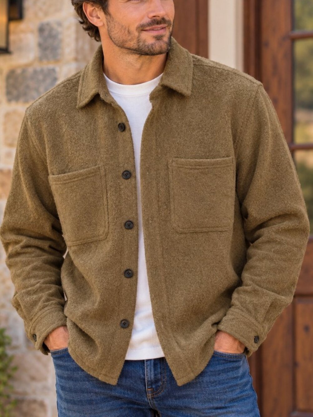 Alpine Design Mens Warm Fleece Shacket Tan Teddy Cozy Shirt Jacket Neutral Large